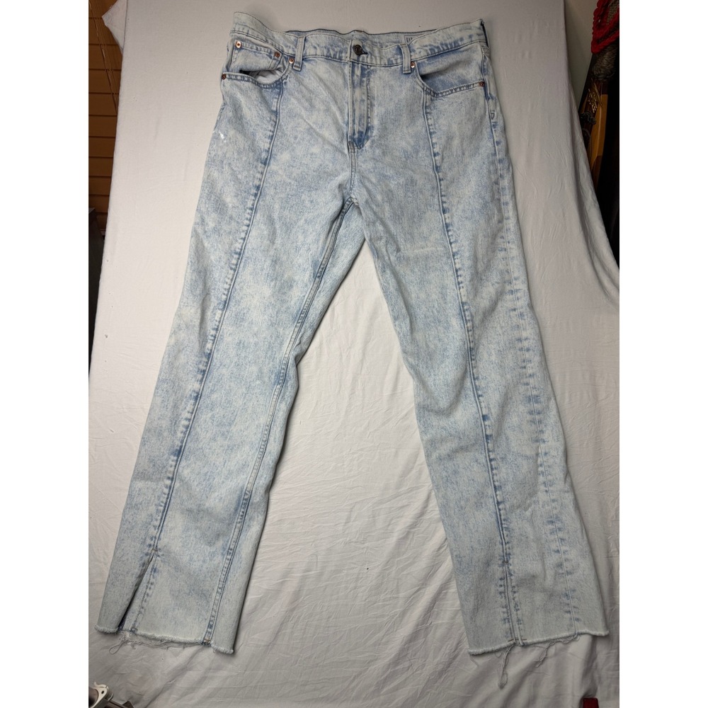 Gap 90s Straight High Rise Acid Wash Jeans Light Blue Raw Hem Size 33 16R